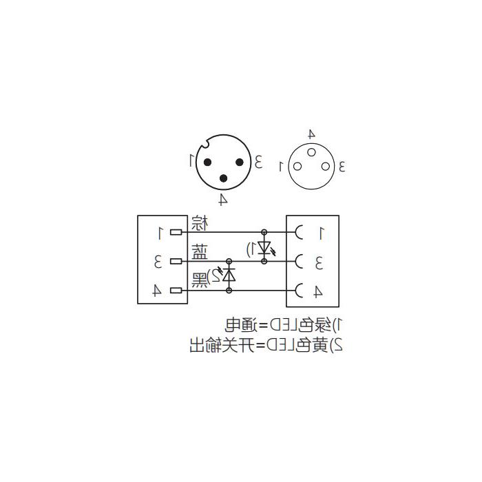 M8转M12 3Pin、M8母头90°带LED灯转M12公头直型、双端预铸PVC非柔性电缆、灰色护套、63D243-XXX